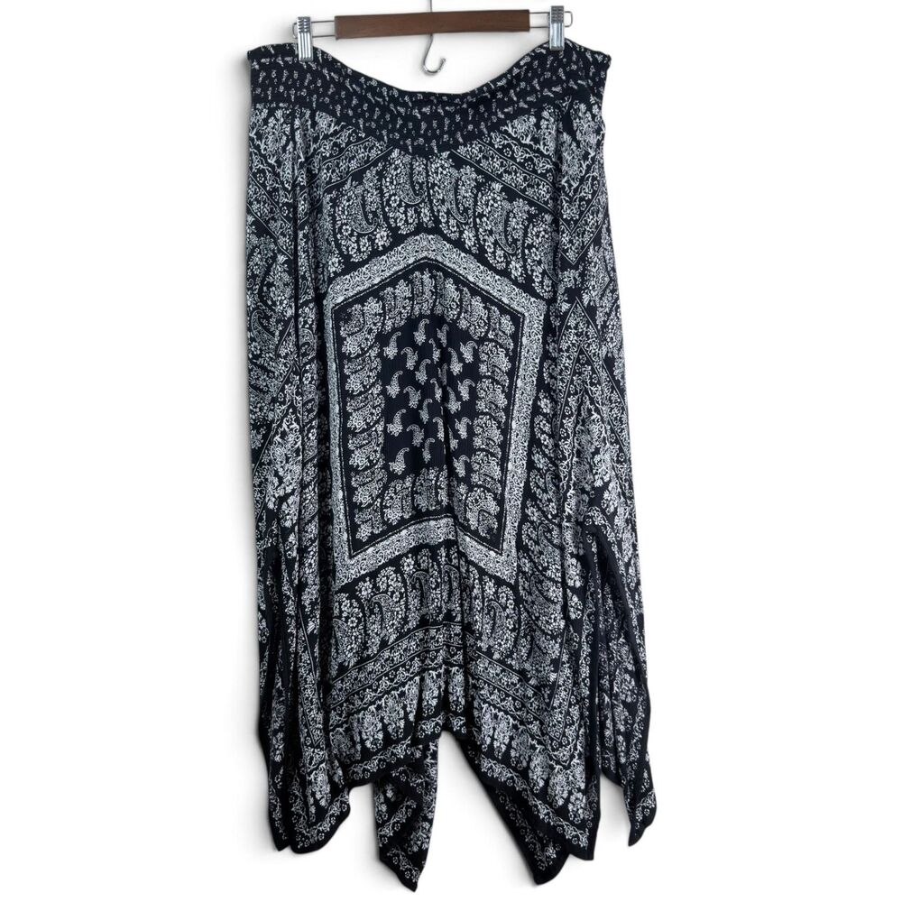 black white paisley maxi skirt xxl handkerchief hem elastic waist draped by bila - Picture 3 of 7